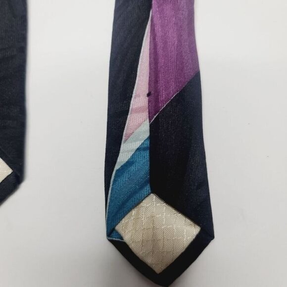 Vintage Pierre Balmain Couture Silk Electric Blue Black Geometric Necktie Funky - Picture 5 of 8